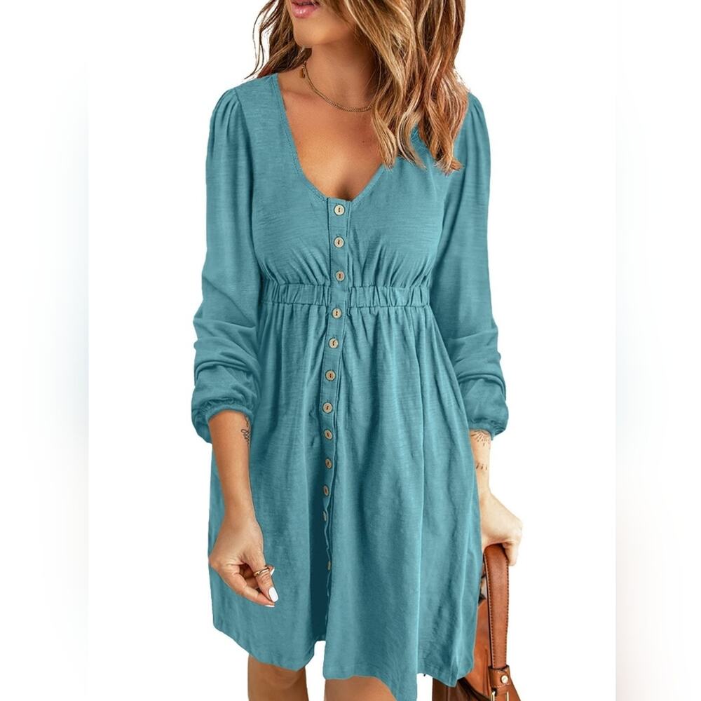 New Casual Flowy Dress Aqua Blue Scoop‎ Neck Button Down Pockets Plus Size 2X